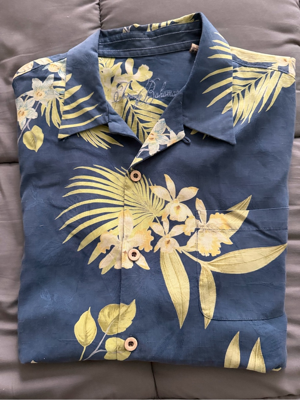 Tommy Bahama Navy Shirt with Yellow Floral Print